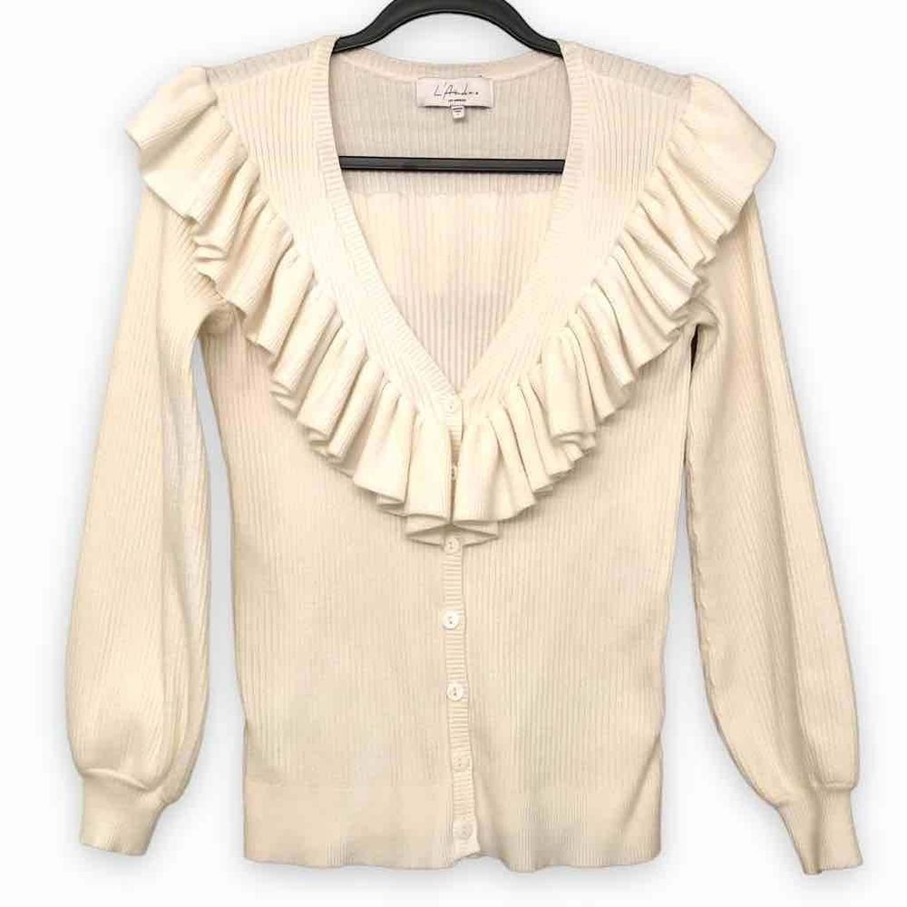 L’Acndemie size small cardigan v ruffle neck off white cream ribbed sweater 273